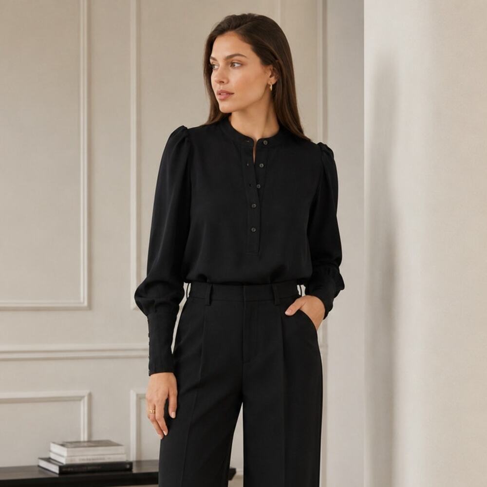 A.L.C. Markle Top Blouse Womens 2 Black Crewneck Button-up Long Sleeve